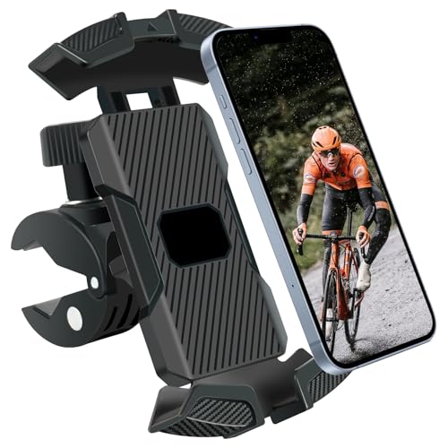 URAQT Soporte Móvil Bicicleta,360° Rotación,Anti Vibración,Bloqueo automático en 1 Segundo,fácil instalación en 5 Segundos para teléfono móvil de 4,7 a 6,8 Pulgadas,iPhone 15 Pro MAX Negro