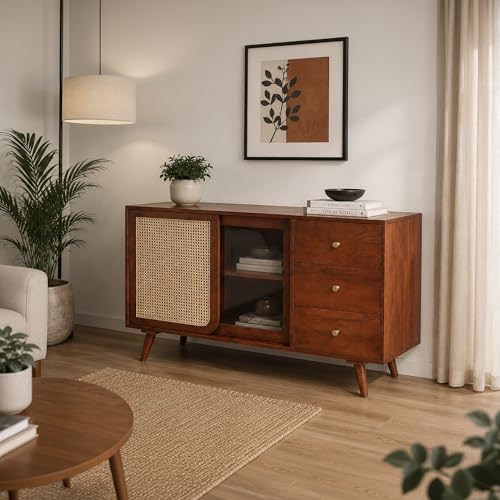 Image of The Attic INES Cabinet, Solid Wood Sideboard for Living Room, Classy TV Cabinet, Wooden Free Standing TV Unit with Storage, Honey Matte Finish