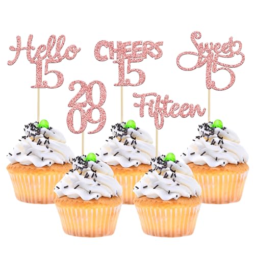 Gyufise 30 Pack Rose Gold Glitter 15th Birthday Cupcake Toppers Hello Sweet Cheers to 15 Fifteen Since 2009 Cupcake Picks for 15th Birthday Party Cake Decorations Supplies