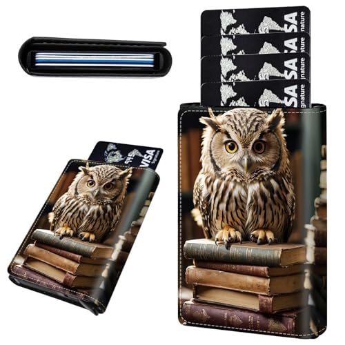 Credit Card Holder Aluminum Auto Pop Up Wallet, Slim Minimalist Credit Card Holder For Men and Women, Leather Card Case Front Pocket Trifold Wallet RFID Blocking Wallets,Owl with Books