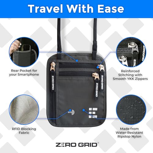 neck wallet for travel amp passport holder with rfid blocking - slim amp easy to conceal nylon travel pouch for men amp women - holds phone cash cards keys - sweat amp water resistant - large - dark grey