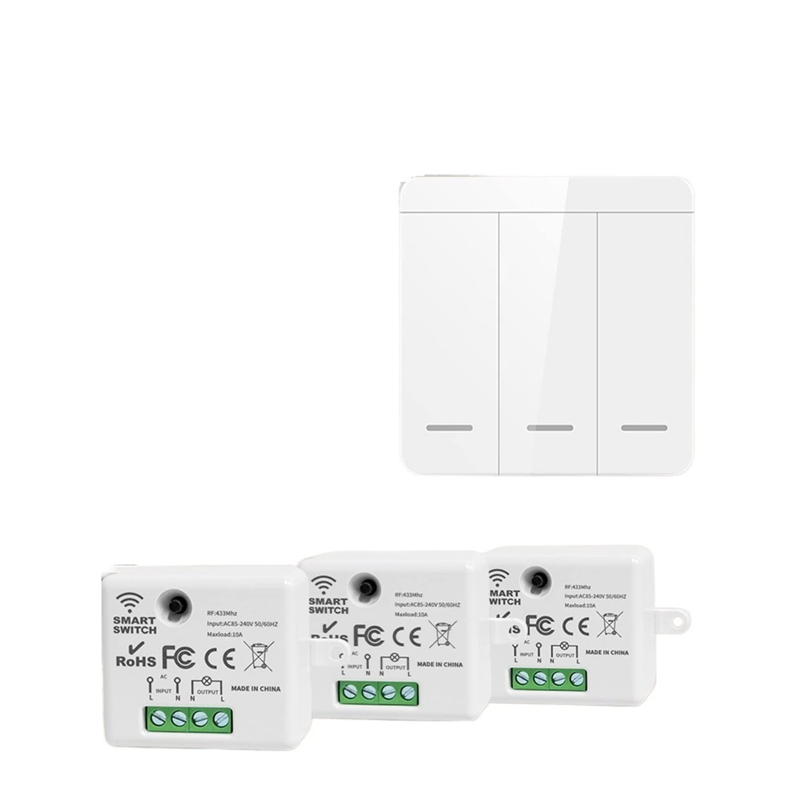 Interruptor de luz táctil, Interruptor de luz inalámbrico inteligente de 1/2/3 entradas Control remoto 86 Panel de pared botón pulsador 10A receptor for LED/ventilador(3Receiver1Switch)