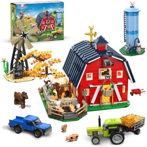 INSOON Bauernhof Scheunen Haus Bauset mit Licht für Jungen Mädchen 8-12+ | Rot Scheunenbau Klemmbausteine, Bauernhof Bauspielzeug mit Traktor Pferden Tieren Windmühle 1070Stück