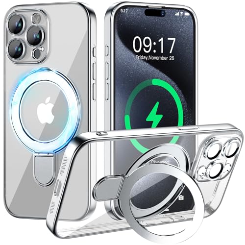 Image of Magnetic for iPhone 15 Pro Case with Invisible Stand[Compatible with MagSafe][Full Camera Lens Protector][Military Drop Protection] Shockproof Not Yellowing Clear Slim Soft for Women Men
