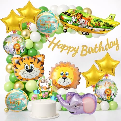 Image of Rozi Decoration Jungle Theme Birthday Decoration Kit with Balloon, Happy Birthday Cardstock Paper Banner, Cake Topper Set and Green White Gold Latex Balloons - 76 Pieces Party Decoration Set