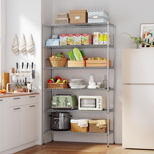 Image of BestOffice | 6-Tier Wire Storage Shelves with Wheels | 18x45x82 | Chrome | Adjustable Racks | Heavy-Duty Metal Shelf, Holds Upto 2100 lbs | No-Tool Assembly | Ideal for Home & Garage Shelving