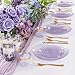 Rubtlamp 350 Pcs Clear Purple Plastic Plates, Gold Plastic Dinnerware Set (50 Guests), Purple Disposable Plates With Gold Rim, Hammered Party Plates Set for Wedding And Party