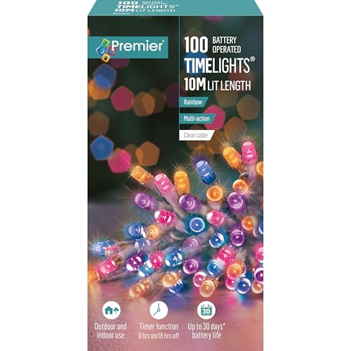 Premier 100 Battery Operated Rainbow Timelights, 10m Multi-Action LED String Lights with Timer, Indoor and Outdoor Use, Green Cable
