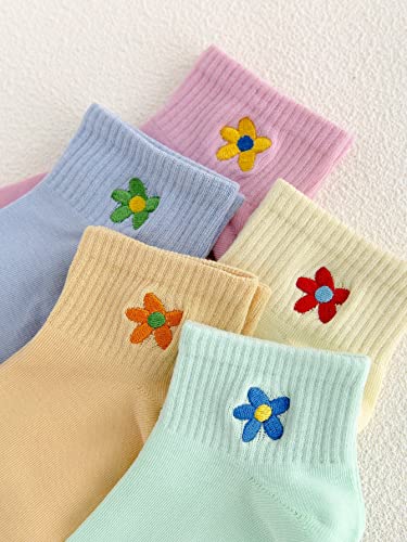 Verdusa Women's 5 Pairs Flower Embroidery Toe seamed Soft Crew Socks3