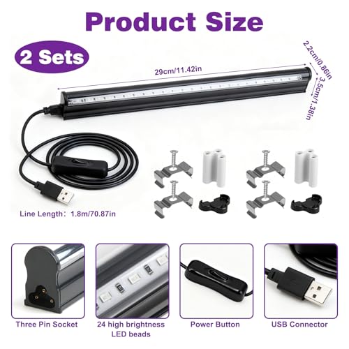 2Pcs 5W UV Schwarzlicht Röhre 24 LEDs 5V USB Schwarzlicht Lamp 385-400 nm Tragbar 270° Abstrahlwinkel für Weihnachten, Halloween, Disco, Körpermalerei, fluoreszierend, Blacklight Party Dekorationen