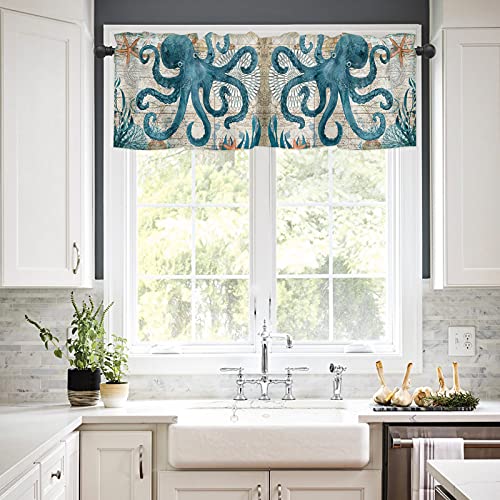 Homechoid Sea Octopus Curtain Valance For Windows/Living Room/Kitchen/Bathroom/Farmhouse, Hawaiian Ocean Animals Nautical Map Short Rod Pocket Tier Curtain Window Treatment, 1 Panel 54X18 #TOP1