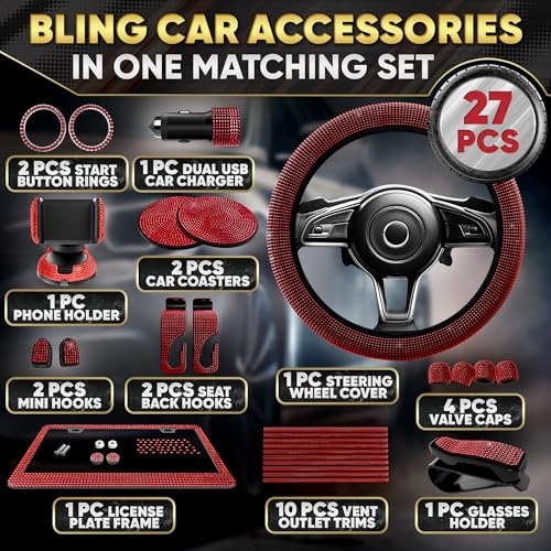 Image of Red Bling Car Accessories Set, 27 Pcs, for Women Drivers