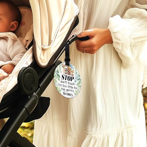Image of 2 Pack Do Not Touch Signs Stroller Tag Greenery No Touching Car Seat Cute Animals Theme Stop No Touching Safety Sign for Family PVC Seat Sign Signs-Stroller Tag 5 Inches