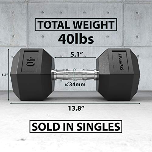 Synergee 40 Lb Rubber Encased Hex Dumbbells With Chrome Handle. Sold Individually All Purpose Weights For Strength & Conditioning Training. #TOP2