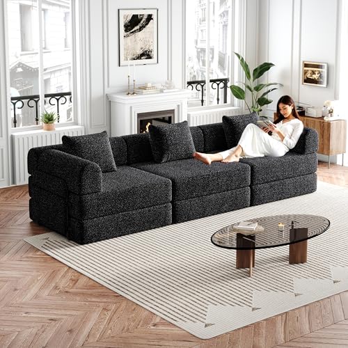 Canape Lit 2 Places en Chenille, Clic Clac 2 Places Convertible, avec Compartiment de Rangement dans l'Accoudoir, Canapé Modulable, Boneless Couch Sofa,...