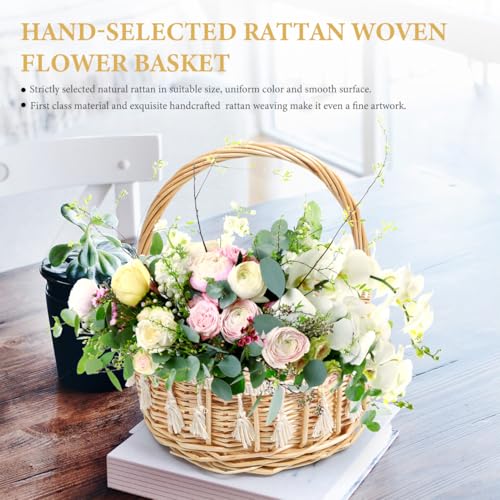 Image of DOITOOL Wicker Rattan Flower Girl Basket with Fringe, Small Wicker Rattan Basket with Handle, Rustic Petal Storage for Wedding Ceremony, Handmade Woven Photography Prop, Easter Egg Hunt Decoration