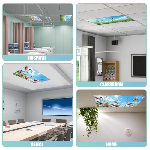 Image of 4pcs Fluorescent Light Covers for Ceiling Lights, 47x23.6 Inch Floral Magnetic Drop Ceiling Light Filters 4 Styles Flowers and Butterflies Fabric Overhead Lamp Cover for Classroom, Home, Office