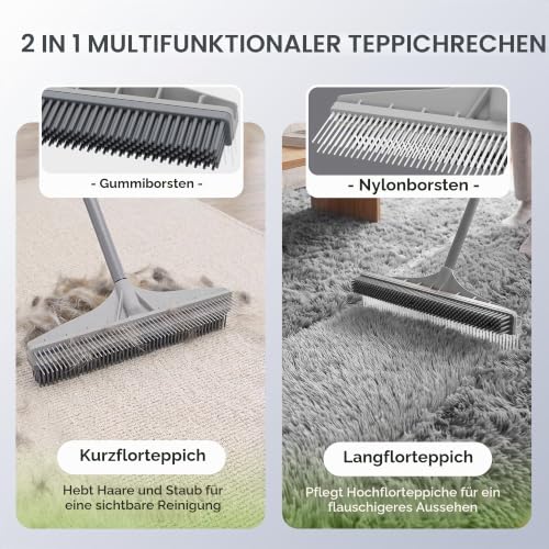 Walensee Tierhaarentferner Teppich, Teppichrechen mit Verstellbarem Stiel, 2-in-1 Gummibesen & Teppichbürste zur Entfernung von Hundehaaren und Katzenhaaren auf Teppich, Treppen, Matten & Hartboden
