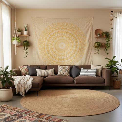 Image of Craft Trade 54x84 Inches Psychedelic Yellow Cotton Mandala Ombre Wall Hanging Tapestry