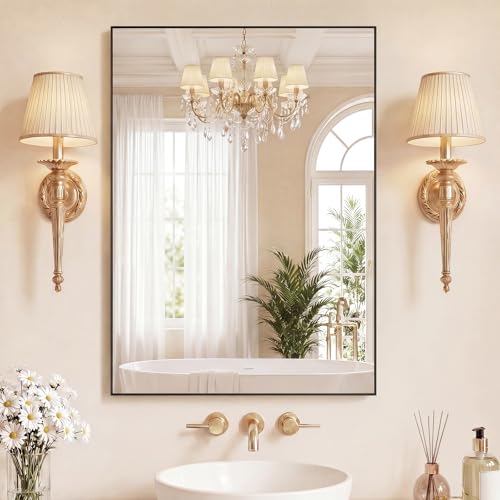 Image of Sweetcrispy Bathroom Mirrors for Over Sink, 30 inch x 36 inch Rectangle Wall Mount Mirror with Metal Frame, Modern Vanity Mirror with Tempered Glass, for Home Decor, Anti-Rust, Black