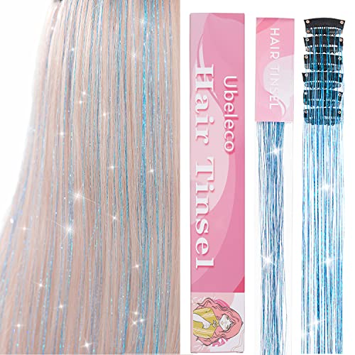 Hair Tinsel, Packs of 6Pcs 20.5 Inch Sky blue Clip in Tinsel Hair Extensions Heat Resistant Fairy Hair Tinsel Kit for Women Girls Dazzle Hair Accessories Glitter Hair Extensions for Christmas Halloween Cosplay Party (6Pcs,Sky blue）