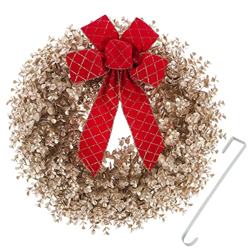 Kuimen Wreath, Gold Christmas Front Door Wreaths. This Wreath Comes with a Door Hanger and a Bows, for Winter and Christmas Decorations. for Decorate Doors, Windows, and fireplaces.