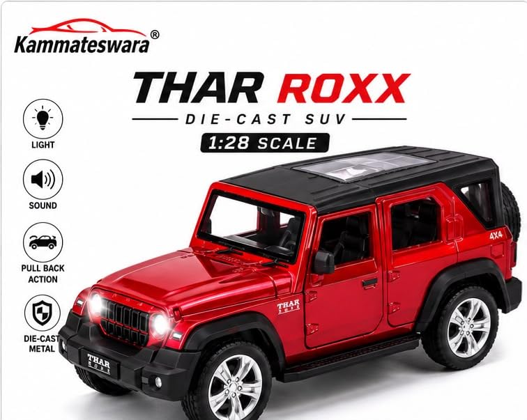 Image of Kammateswara Kids die cast car 1:32 Scale Model Metal Pullback Toy car with Openable Doors & Light Music(Random Color as per Stock) (Thar Roxx)
