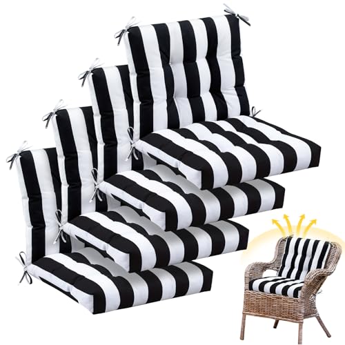 Marsui 4 Pcs Outdoor Indoor High Back Chair Cushions Patio Furniture Tufted Pillow with Ties Water-Resistant Replacement Outdoor Rocking Chair Cushions 42 x 21 Inches (Black White Stripe)