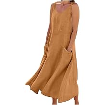 Women's Summer Cotton Linen Long Dress Sleeveless Elegant Flowy Dresses Plus Size Loose Comfy Dresses with Pockets