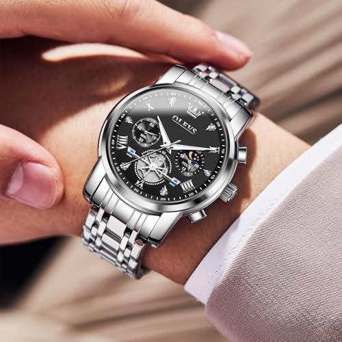 Image of OLEVS Men Watches Stainless Steel Chronograph Watch, Large Wrist Analog Quartz Watch, Fashion Waterproof Diamond Roman Numerals Dress Watches for Men, Gold /Black /White /Blue /Grey Dial