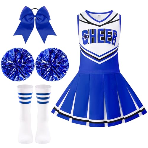 Joyvimbao Cheerleader Costume for Girls 6-12Y Cheerleading Outfit 5Pcs Cheer Uniform Fancy Dress for Party/Sports Day(Blue, 9-10Y)