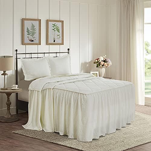 HIG 3 Piece Farmhouse Ruffled Skirt Bedspread Set King, Chic Ivory Diamond Stitched Coverlet with 30" Drop Dust Ruffle, French Country Bedding Collections for Bedroom Decor, Washed Microfiber (Elain)