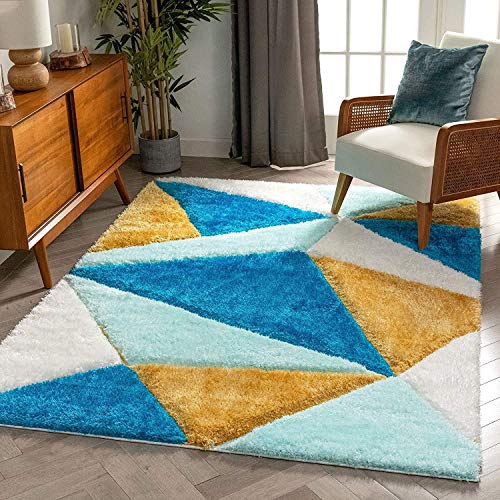 Image of Urban Modern Decor Features 5x8 Feet Modern Soft Shaggy Carpet Thick, Fluffy & 2 inch Pile Shag Rug for Your Kids Room, Bedroom & Livingroom(5x8 feet, Turquoise Yellow & Blue Multi)