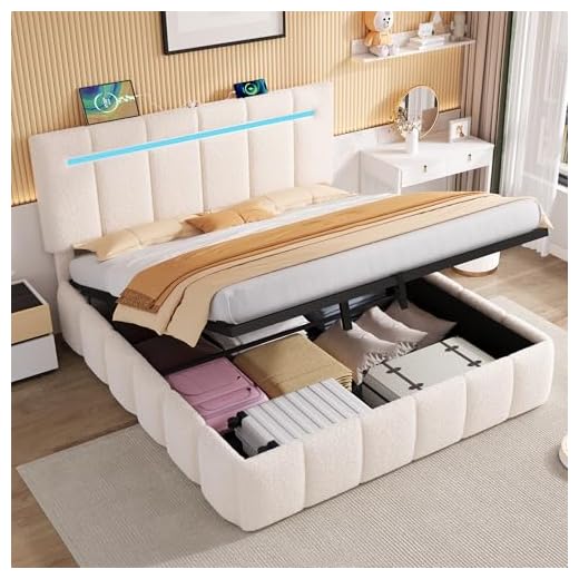 Miyemo Double Bed Frame with Storage, 4ft6 Ottoman Upholstered Bed Frame with Charging-Station & LED-Lighting Strip, Adjustable Headboard, Boucle Fabric, 135x190cm, Beige, (No Mattress)