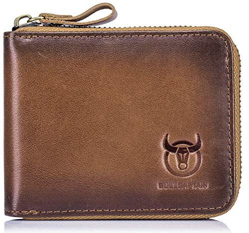 BULLCAPTAIN Leather Wallets for Men RFID Blocking Zipper Bifold Credit Card Wallets (Brown)
