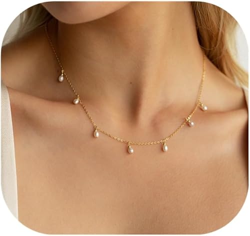 Ieftop Collares de perlas para mujer, chapado en oro de 14 quilates, hecho a mano, delicado collar de cadena de perlas de agua dulce, collar con