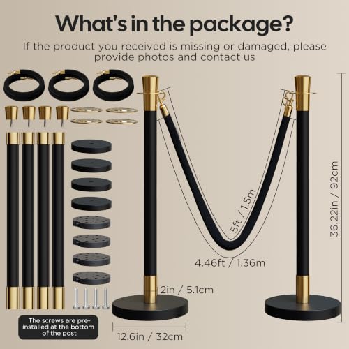 Image of 4 Pack Black&Gold Stanchions and Velvet Ropes Set, Stainless Steel Crowd Control Barriers, 3Pcs Black Ropes and Poles for Party Supplies,Photobooth Accessories, Prom,Birthday,Business,Wedding, Museums
