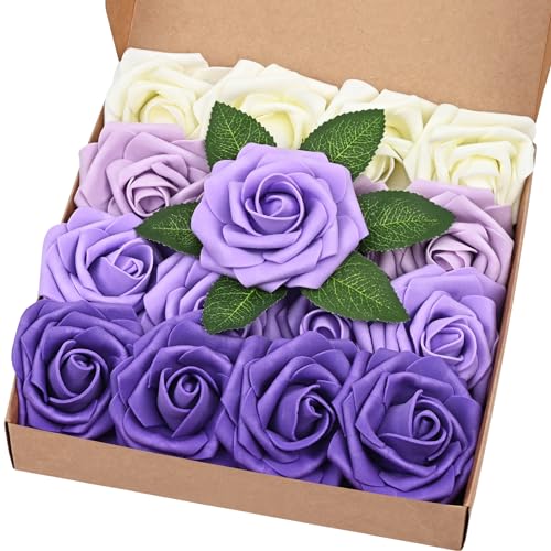 BLEUM CADE 16Pcs Artificial Flowers Fake Roses with Stems, Gradient Purple Boxed Foam Roses for DIY Bouquets Centerpieces Wedding Party Arrangement Bridal Shower Decor