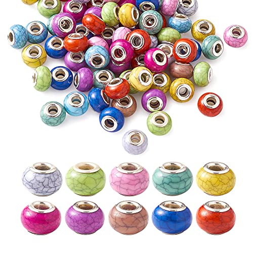 Beadthoven 100pcs Large Hole European Resin Turquoise Rondelle Beads - Mixed Color - Perfect for Bracelet, Necklace, DIY Jewelry Making