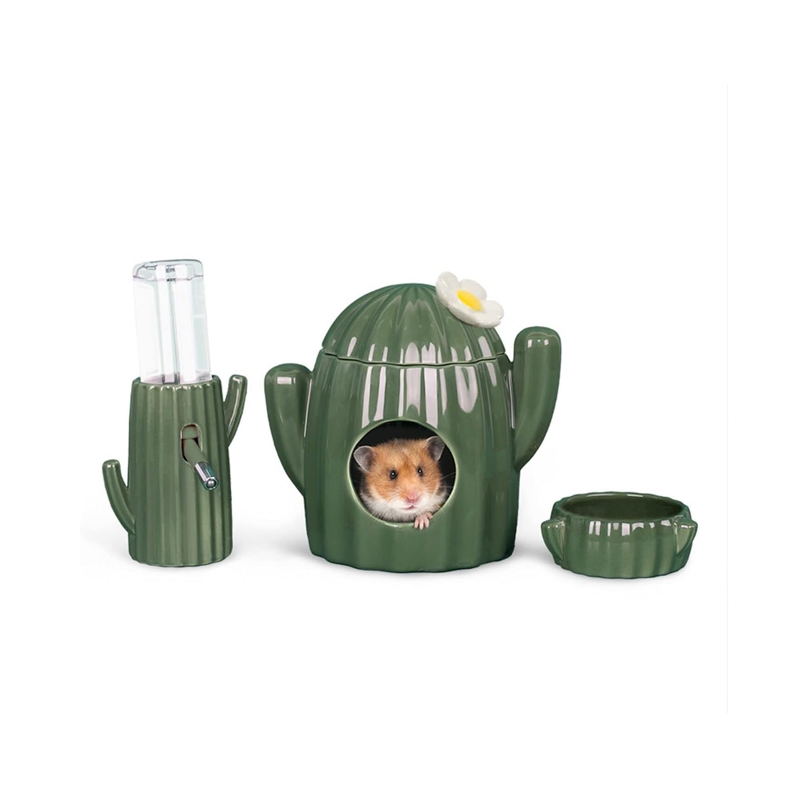 Cactus Ceramic House,Food Bowl,Water Bottle Stand Holder for Syrian Hamster Gerbil Small Pet Animals. Small Animal Habitat, Hamster Accessories(3PCS)