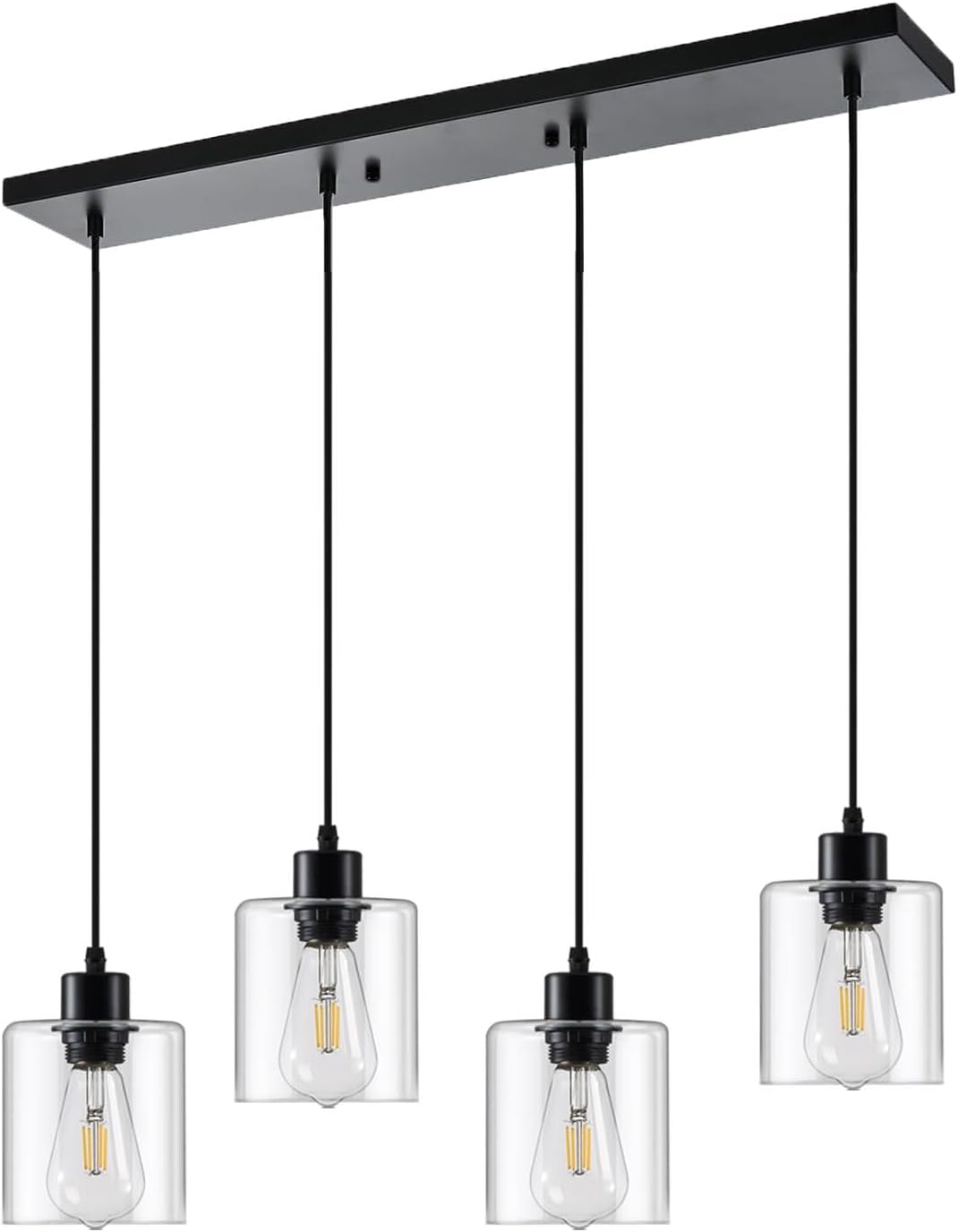 4-Light Kitchen Island Lighting, Black Pendant Light Fixture, Farmhouse Dining Room Light Fixtures Over Table, Modern Hanging Light Fixtures with Clear Glass, E26 Base, Bulbs Not Included 4 Light Black Clear Glass Over Table