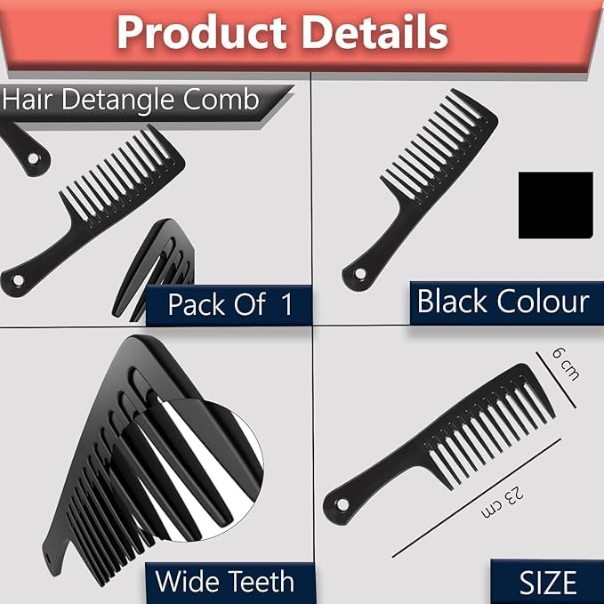 Image of Combelle Professional Wide Tooth Detangling Comb for Women & Men | Durable Black Plastic Anti-Breakage Shampoo Comb | Smooth Rounded Teeth for Curly, Long, Thick & Wet Hair