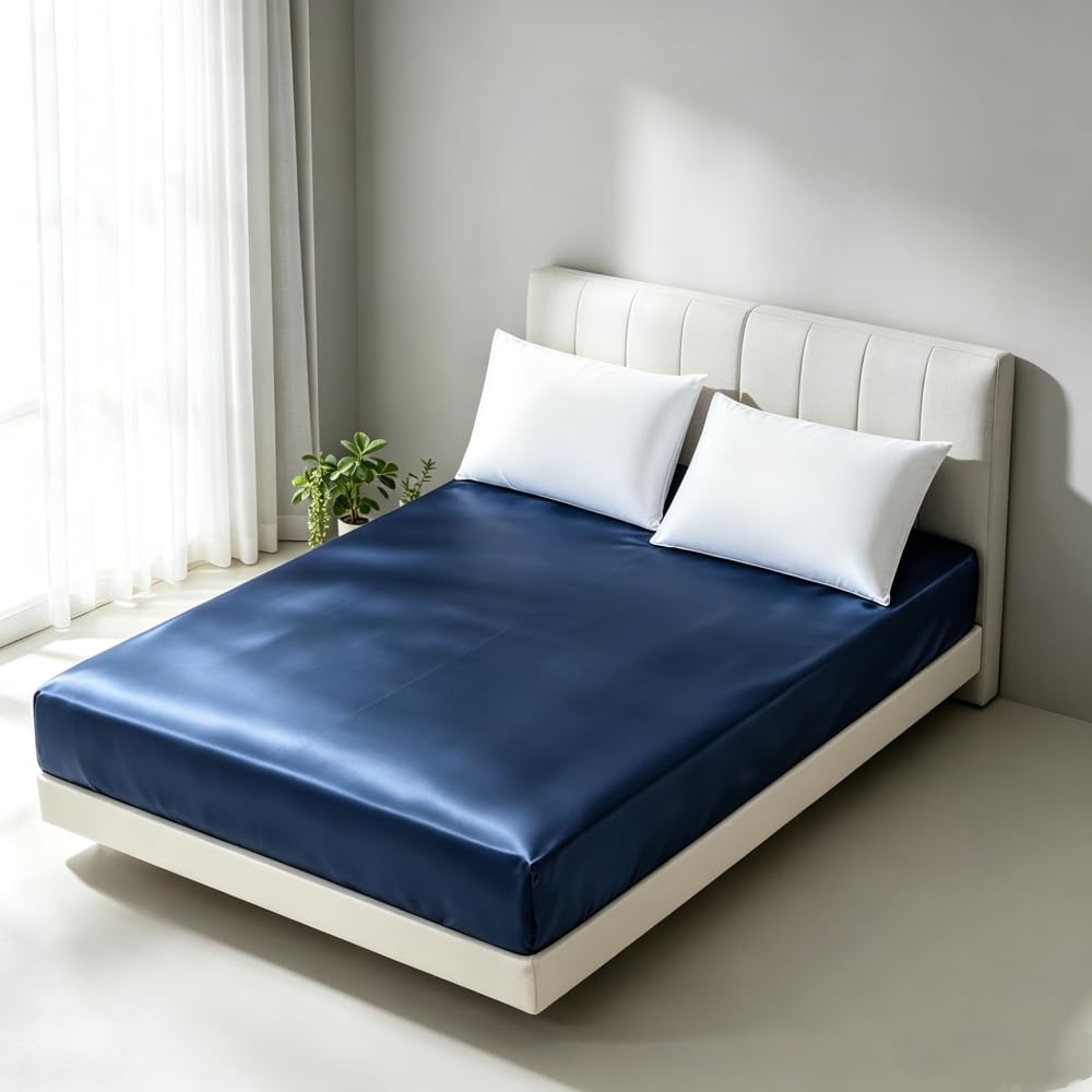 Juwenin Navy Luxury Silky Satin Deep 12" Skin Beauty Hair Health Face Care Hypoallergenic Fitted Sheet (Single, )