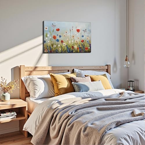 Image of Framed American Flag Butterfly Wildflower Wall Art, Patriotic Floral Canvas Art Pictures, USA Flag Wall Decor, Made in USA Ready to Hang for Living Room Bedroom