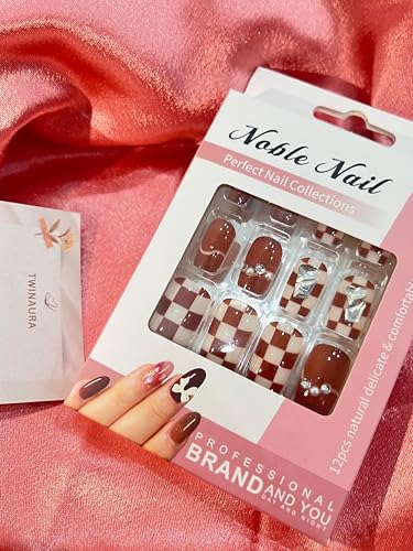 Twinaura Perfect Nail Collections, Fashion Press-On Nails Set, in multiple designs. Perfect for weddings, brunches, or everyday elegance (set of 1) (Choco Checkered Charm)