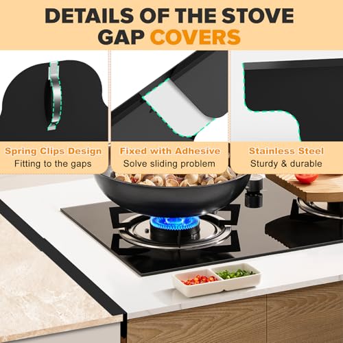 Image of Stove Gap Covers, 2 Pack Stainless Steel Stove Gap Filler, Heat Resistant Oven Gap Filler Adjustable Length 13.8 inch to 27.5 inch, Range Trim Kit Non-Slip Stove Guard Between Stove Top & Counter - Black