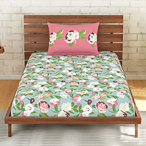 Image of Spaces Atrium Plus 210 TC 100% Cotton Single Bedsheet with 1 Pillow Cover (Ornate, 60 inch X 88 inch Inches) - Light Blue