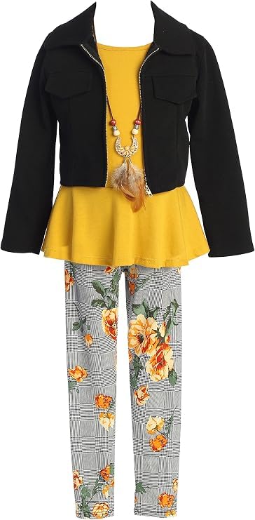 Image of iGirlDress Girls 4 Pieces Pant Set Long Sleeve Jacket Necklace Floral Plaid Pant 4-16