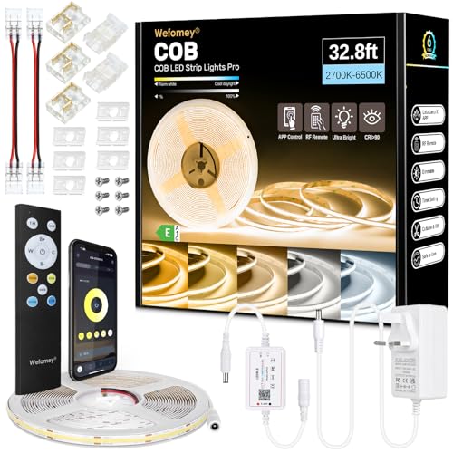 Image of Wefomey COB LED Strip Light White, 10M Dimmable 2700K-6500K High Density 24V Flexible LED Tape Light with Remote and APP Control, White led Strip Lights for Bedroom Kitchen Christmas Decor