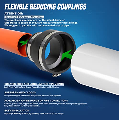 Supply Giant 6I58 Flexible Pvc Reducing Coupling with Stainless Steel Clamps, 4.5" x 3.5" Inner Diameter for 4" x 3" Nominal Pipe, Black - Thumbnail 3
